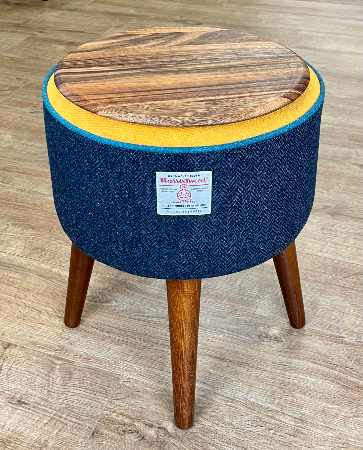 Navy and Yellow Harris Tweed Table with Teal Piping and Removable Wooden Top