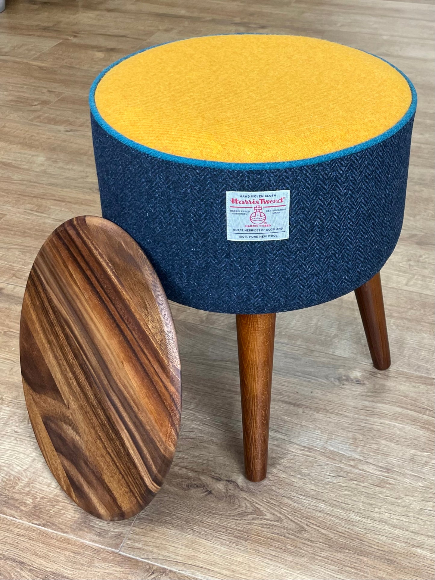 Navy and Yellow Harris Tweed Table with Teal Piping and Removable Wooden Top