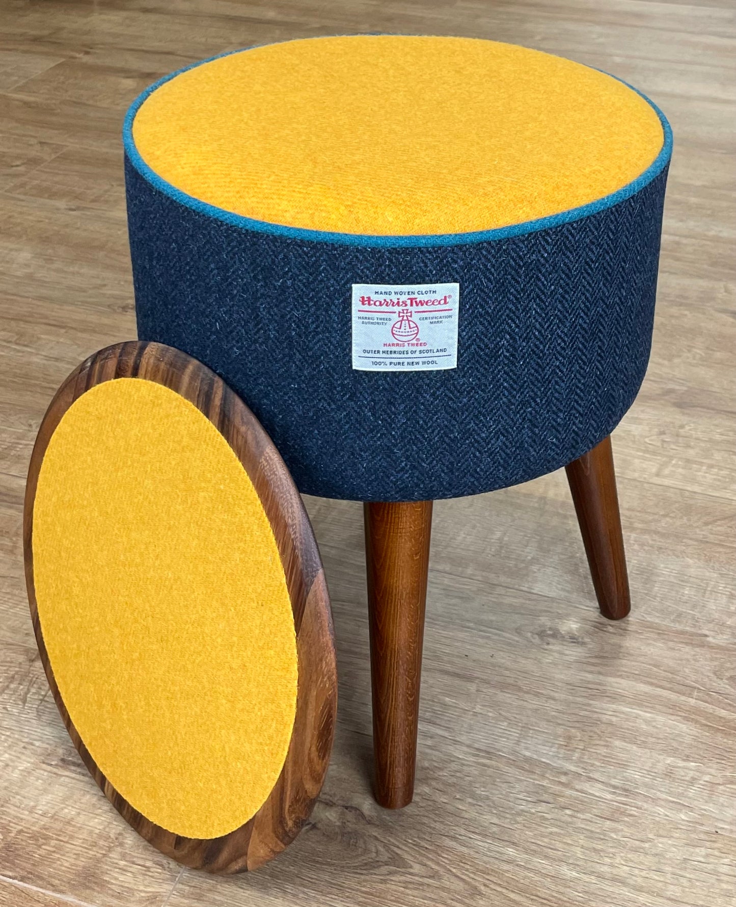 Navy and Yellow Harris Tweed Table with Teal Piping and Removable Wooden Top