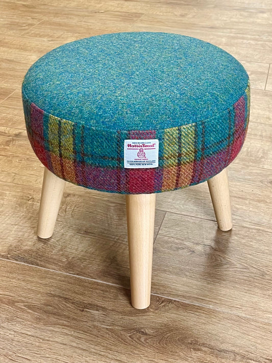 Harris Tweed Red, Green and Mustard Tartan Footstool with Varnished Wooden Legs