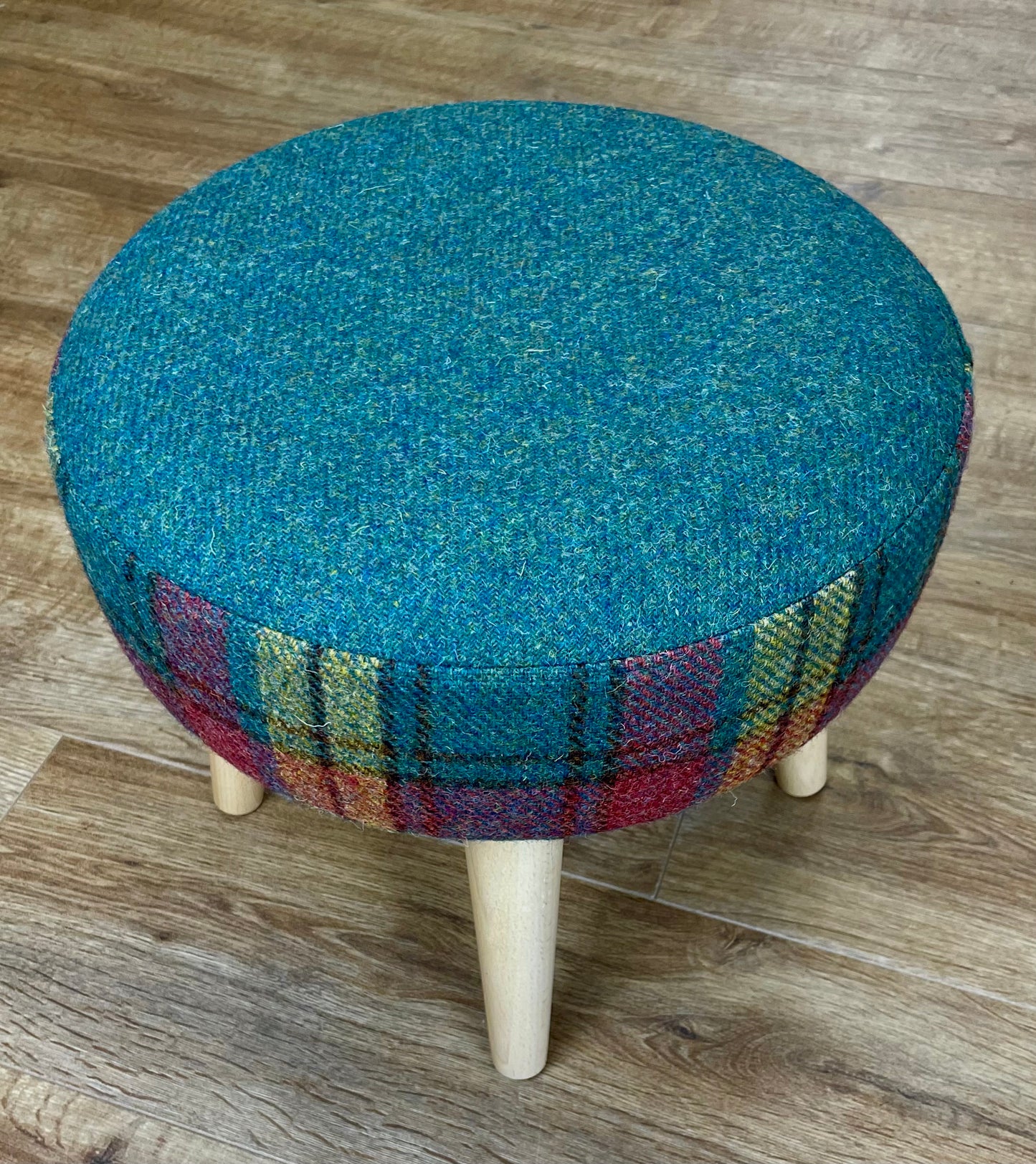 Harris Tweed Red, Green and Mustard Tartan Footstool with Varnished Wooden Legs