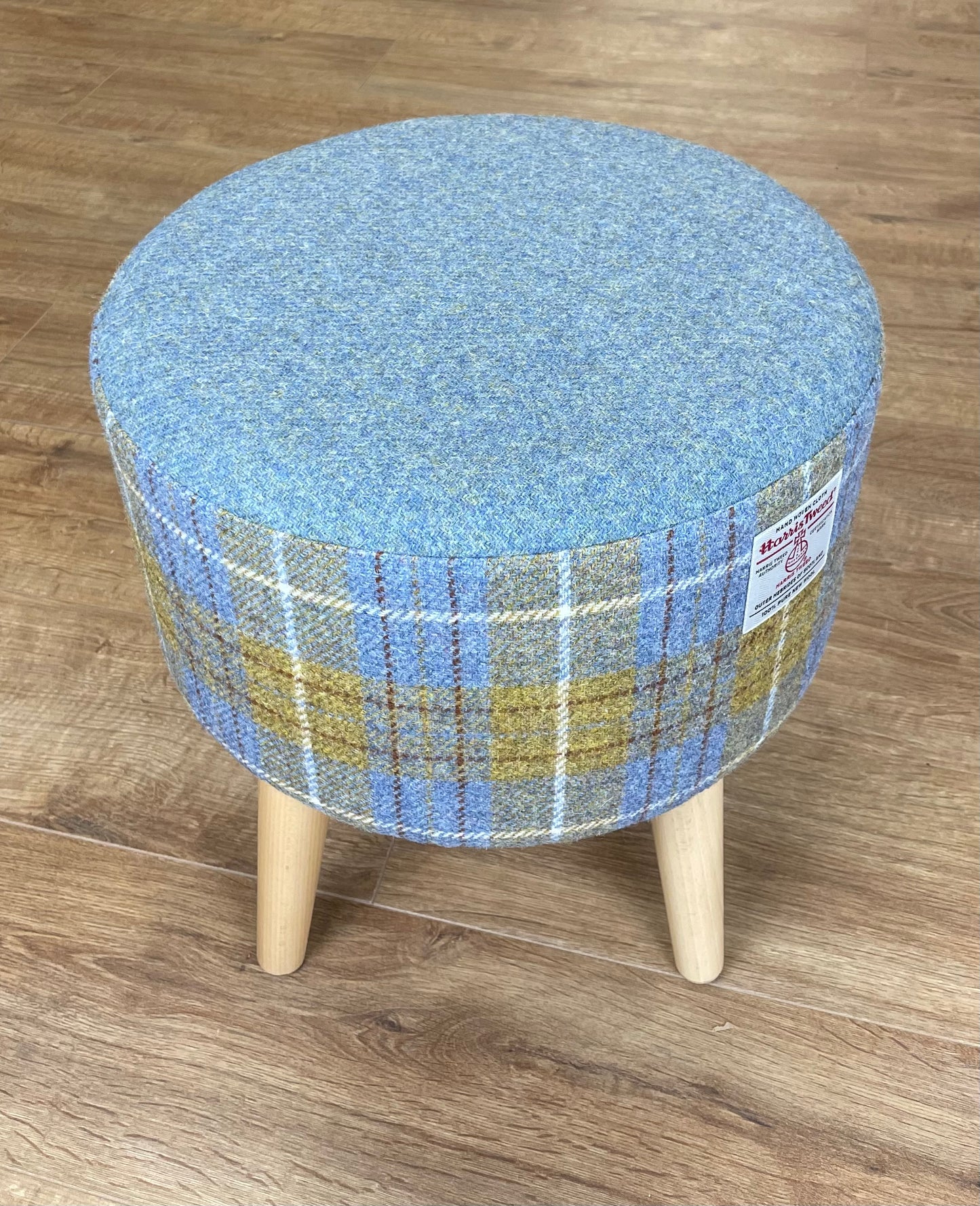 Light Blue and Tartan Harris Tweed Round Footstool with Varnished Wooden Legs