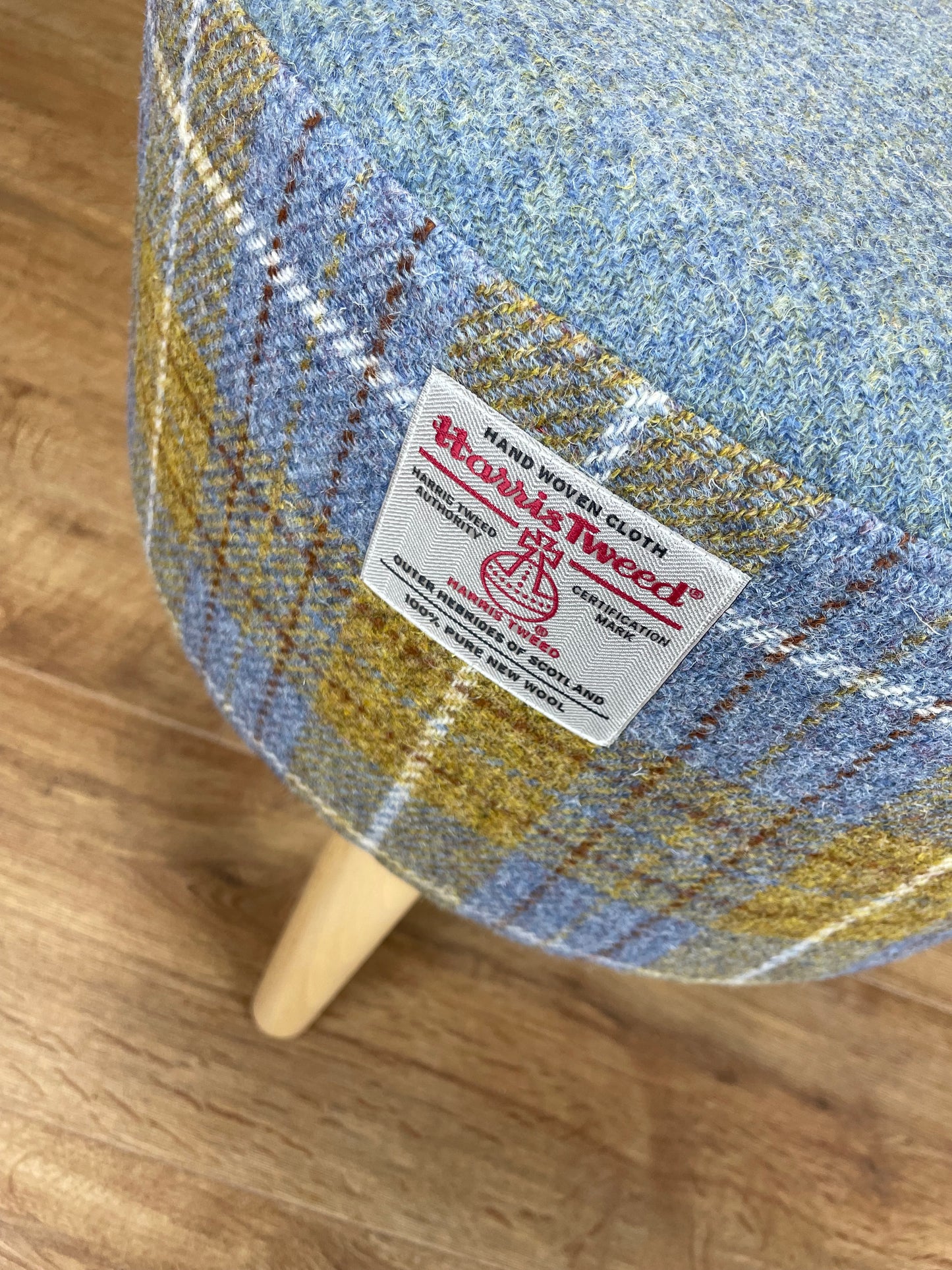 Light Blue and Tartan Harris Tweed Round Footstool with Varnished Wooden Legs