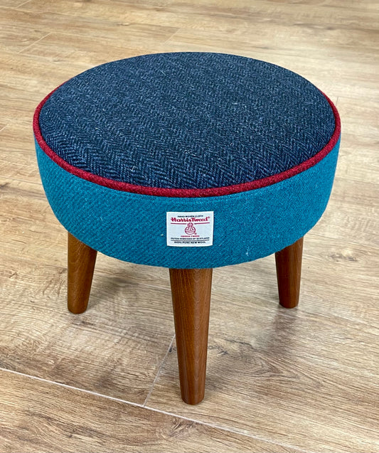 Navy and Teal Harris Tweed Footstool with Red Piping and Dark Varnished Wooden Legs