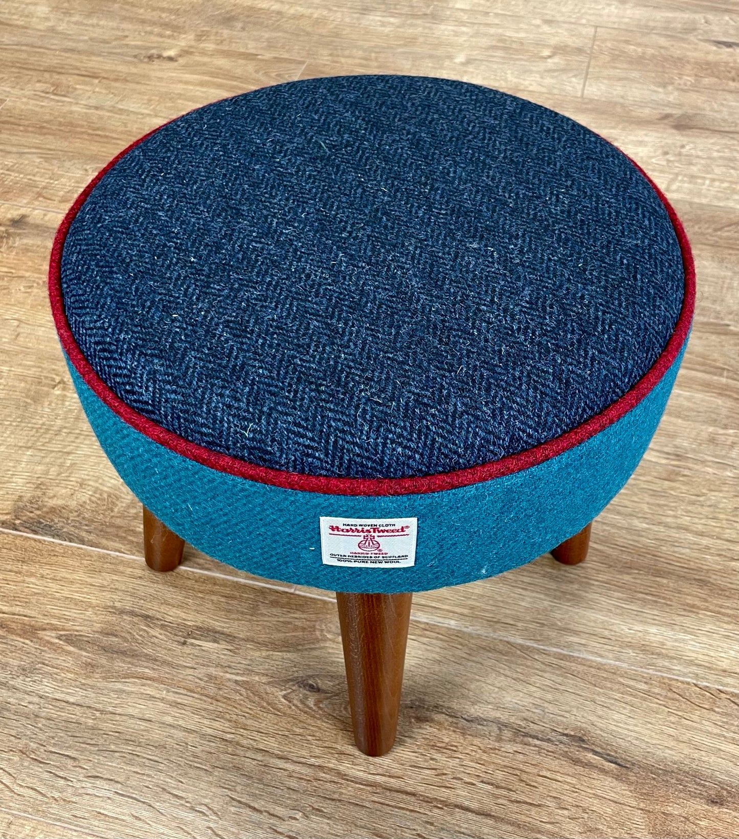 Navy and Teal Harris Tweed Footstool with Red Piping and Dark Varnished Wooden Legs