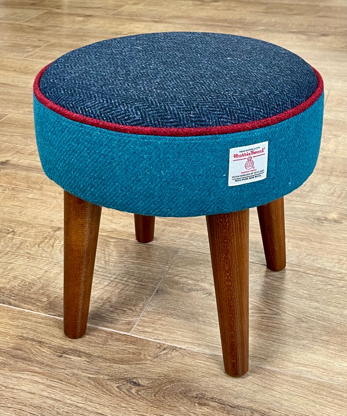 Navy and Teal Harris Tweed Footstool with Red Piping and Dark Varnished Wooden Legs