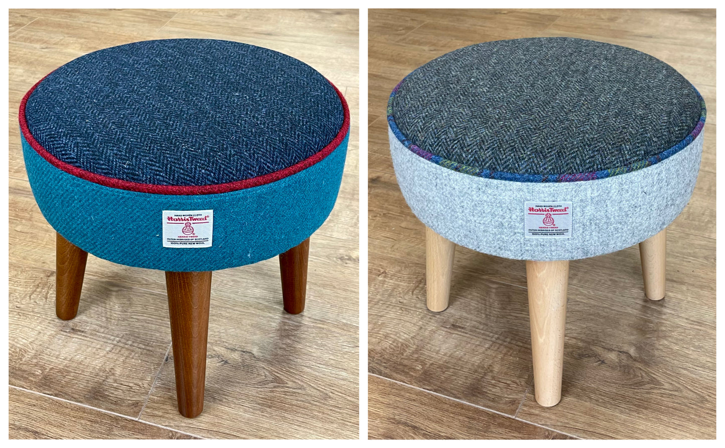 Navy and Teal Harris Tweed Footstool with Red Piping and Dark Varnished Wooden Legs