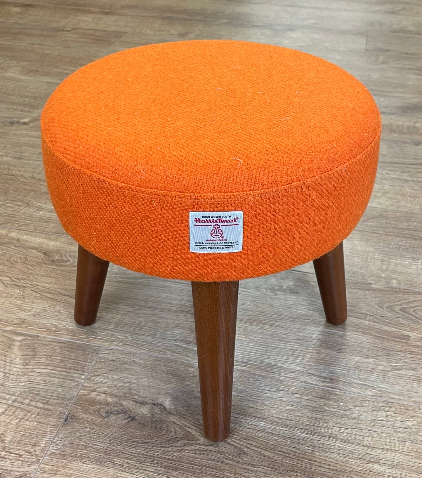 Orange Harris Tweed Footstool with Dark Varnished Wooden Legs