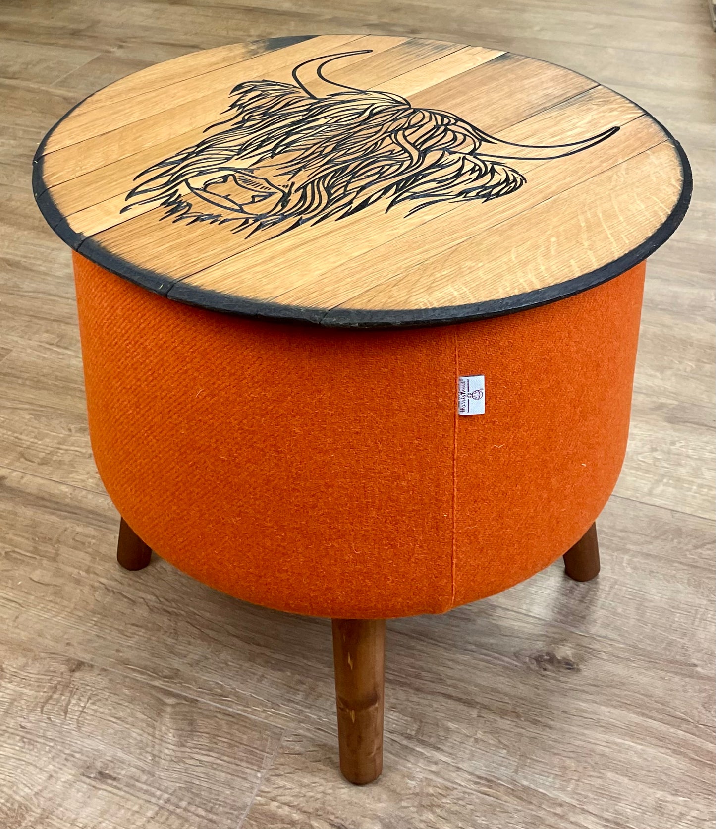 Highland Cow Carved Oak Whisky Barrel Top and Orange Harris Tweed ‘Wee Dram’ Table