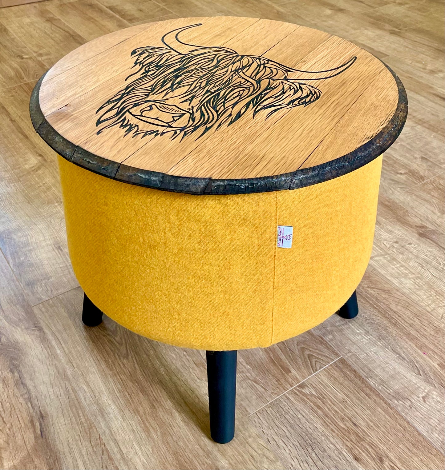 Highland Cow Carved Oak Whisky Barrel Top and Yellow Harris Tweed ‘Wee Dram’ Table