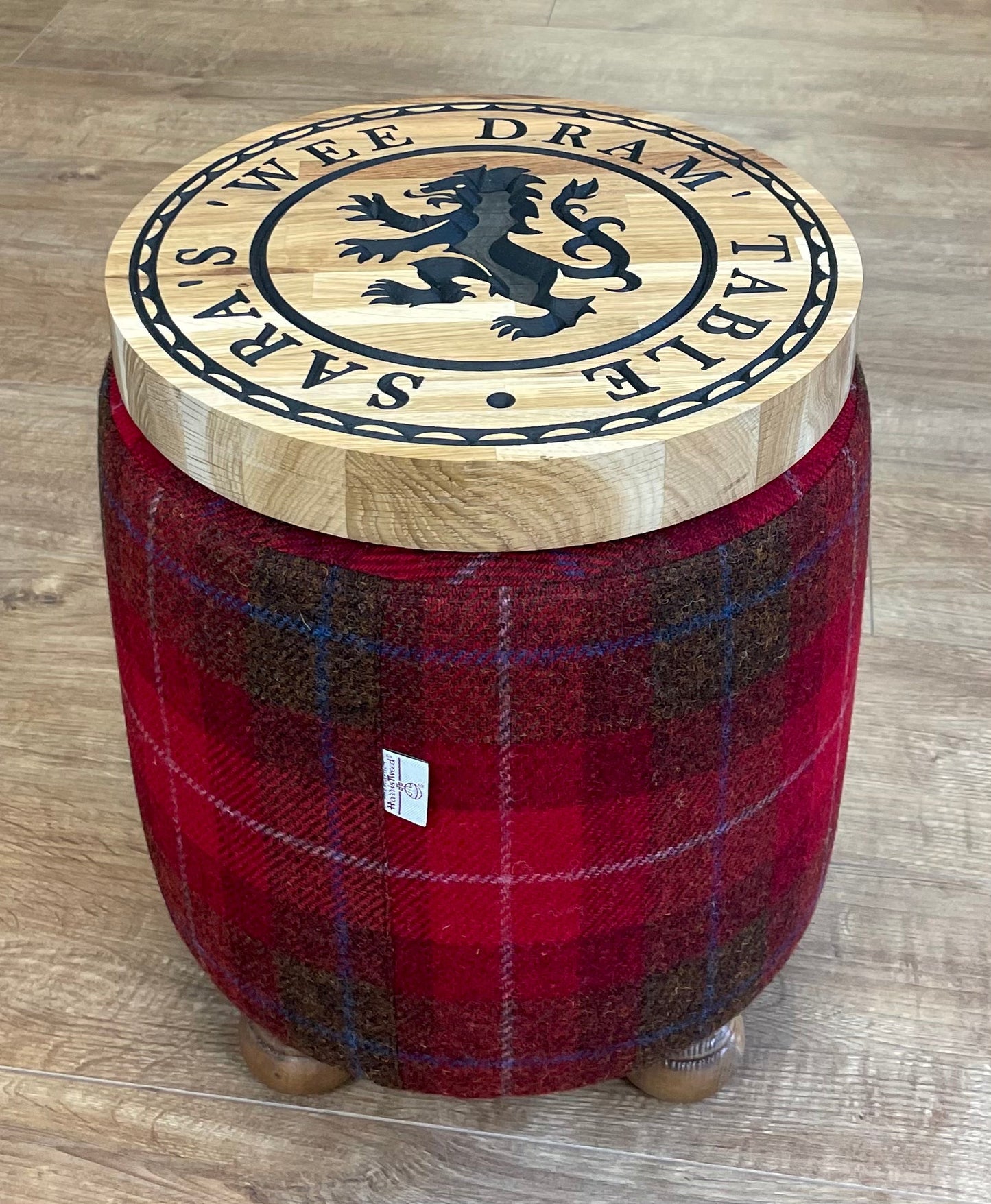 Personalised Red Tartan Harris Tweed ‘Wee Dram’ End Table Footstool