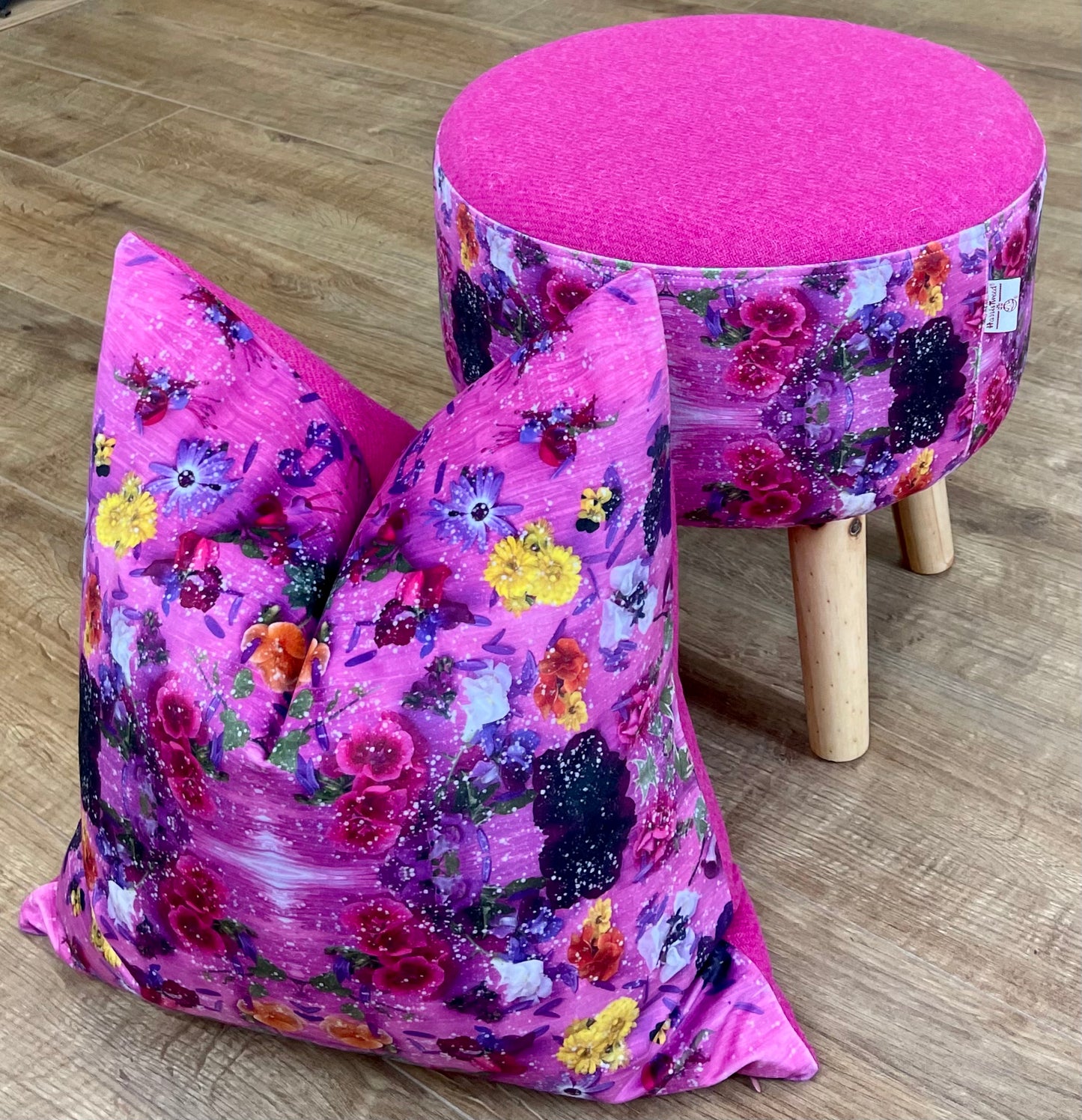 Pink Floral Velvet and Harris Tweed Upholstered Footstool with Light Rustic Wooden Legs.