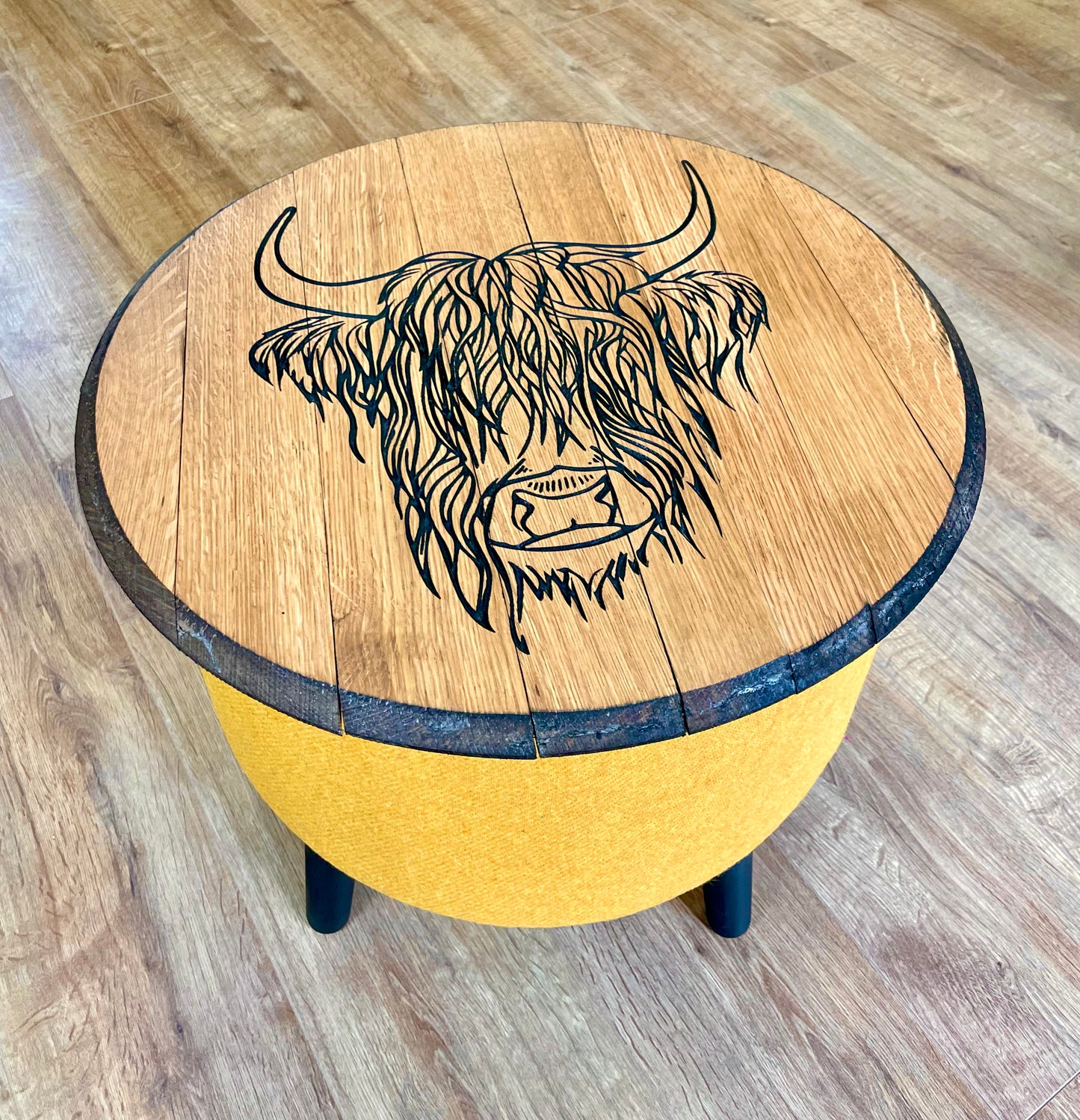 Highland Cow Carved Oak Whisky Barrel Top and Yellow Harris Tweed ‘Wee Dram’ Table