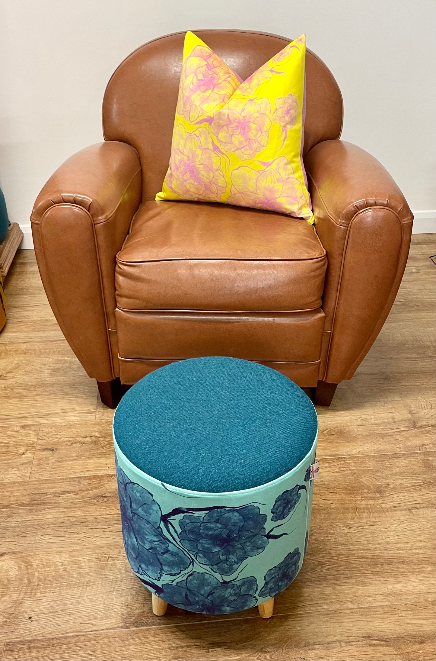 Pink Camellia on Yellow Velvet and Harris Tweed Cushion 20”