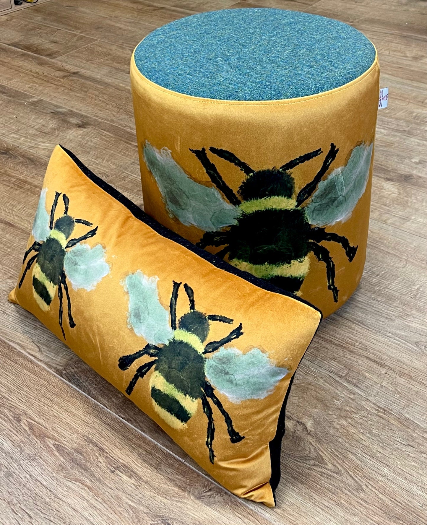 Bumble Bee Velvet and Green Harris Tweed Medium Chunky Stool