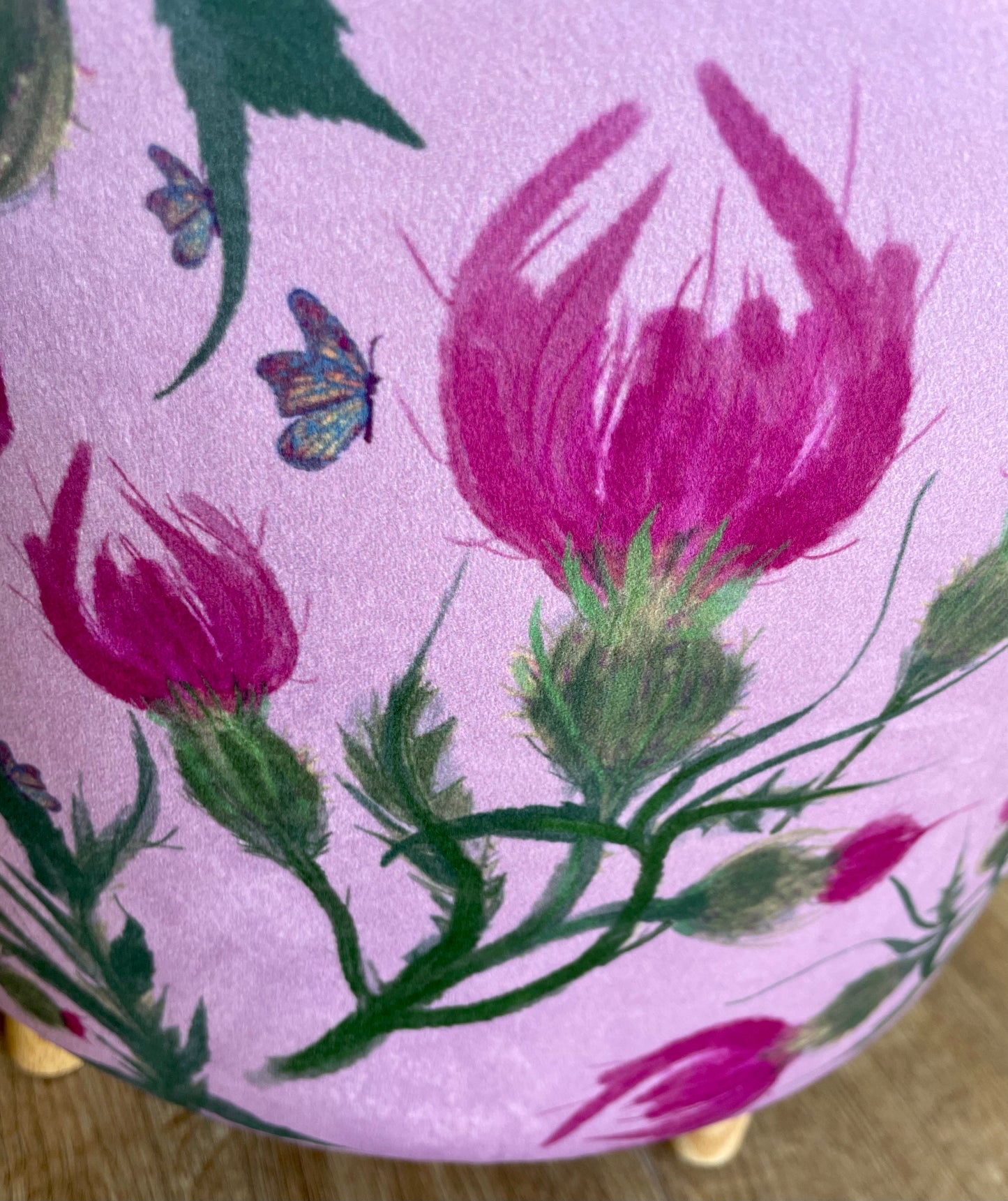 Butterfly Thistles on Pink Velvet Footstool with Harris Tweed
