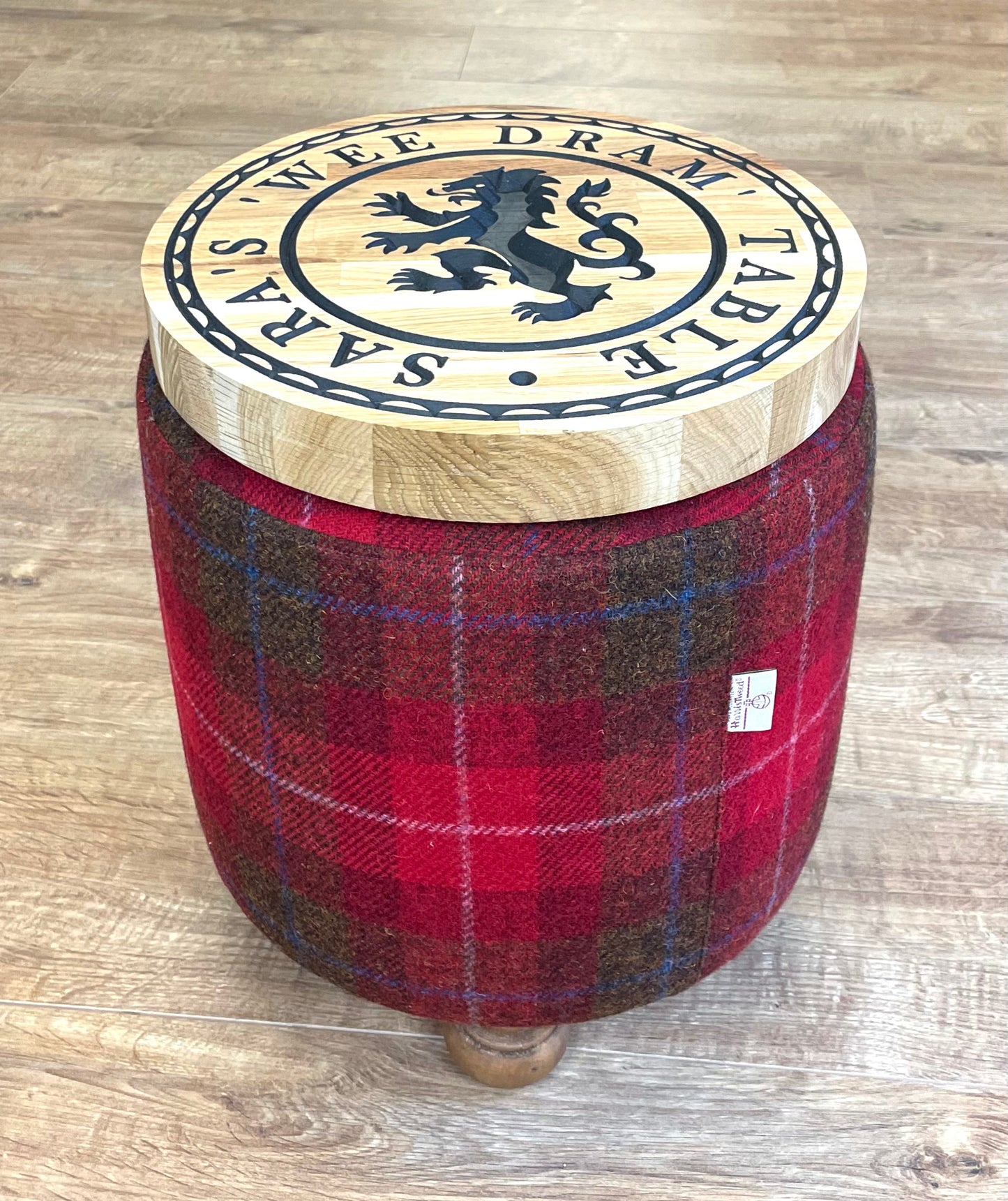 Personalised Red Tartan Harris Tweed ‘Wee Dram’ End Table Footstool