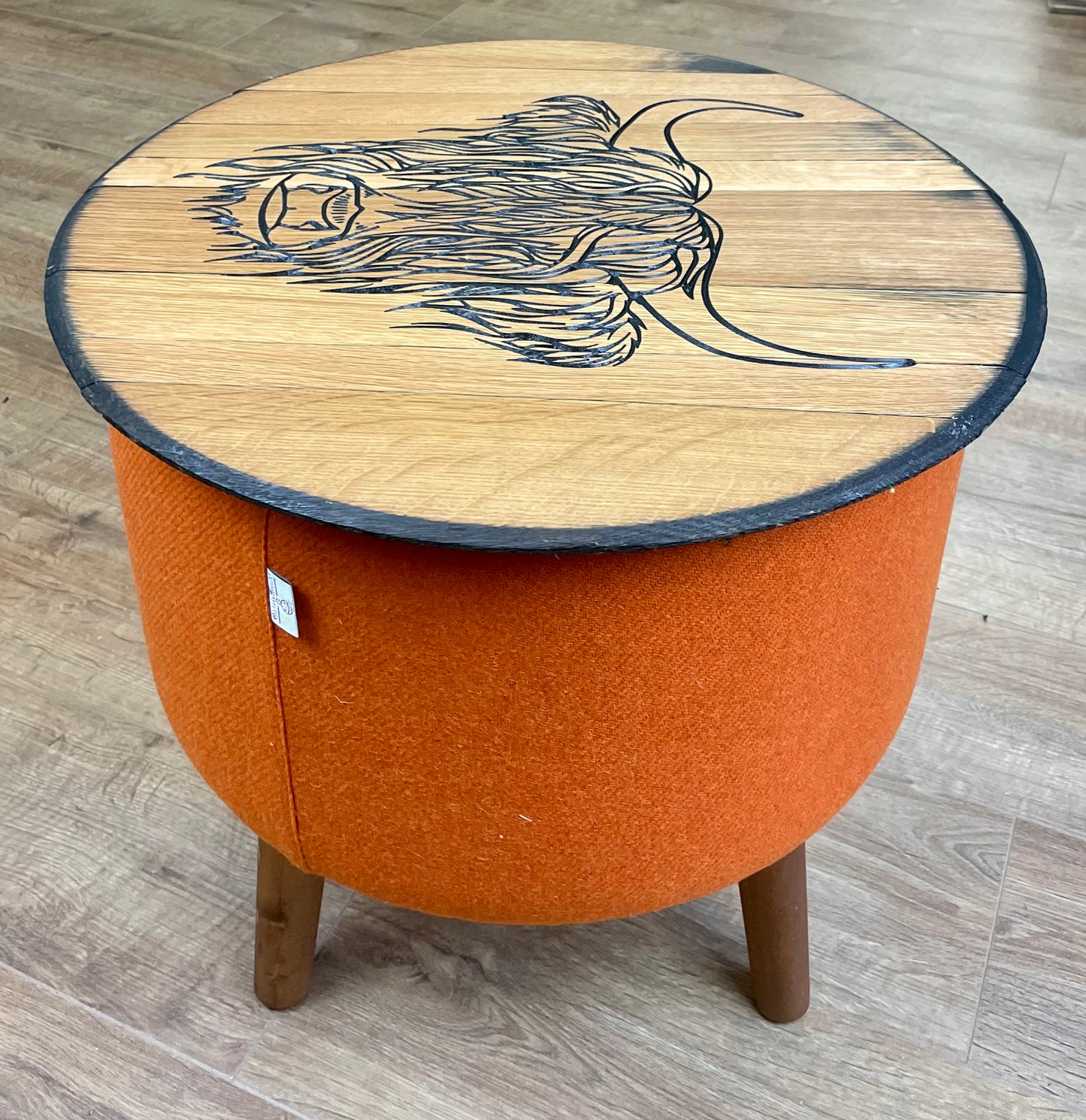 Highland Cow Carved Oak Whisky Barrel Top and Orange Harris Tweed ‘Wee Dram’ Table