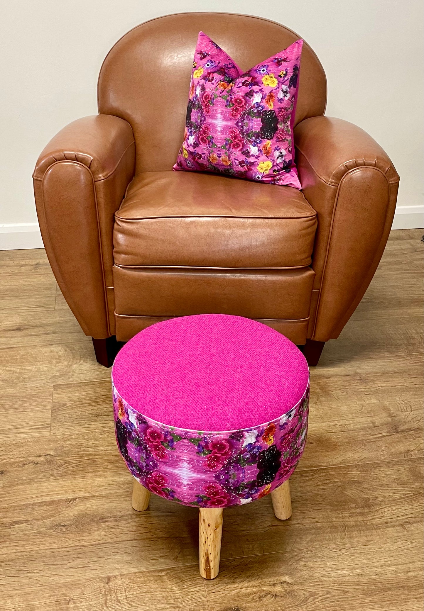 Pink Floral Velvet and Harris Tweed Upholstered Footstool with Light Rustic Wooden Legs.