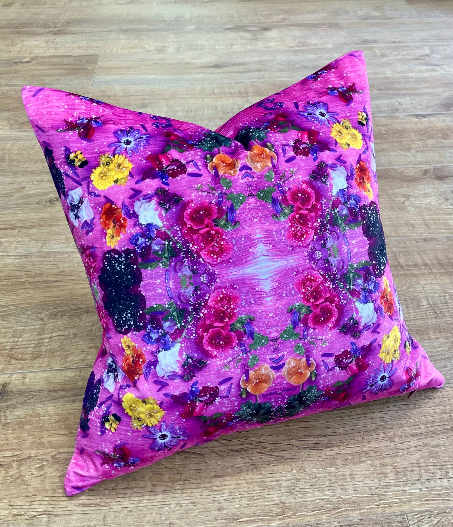 Pink Floral Velvet and Harris Tweed Cushion 18”