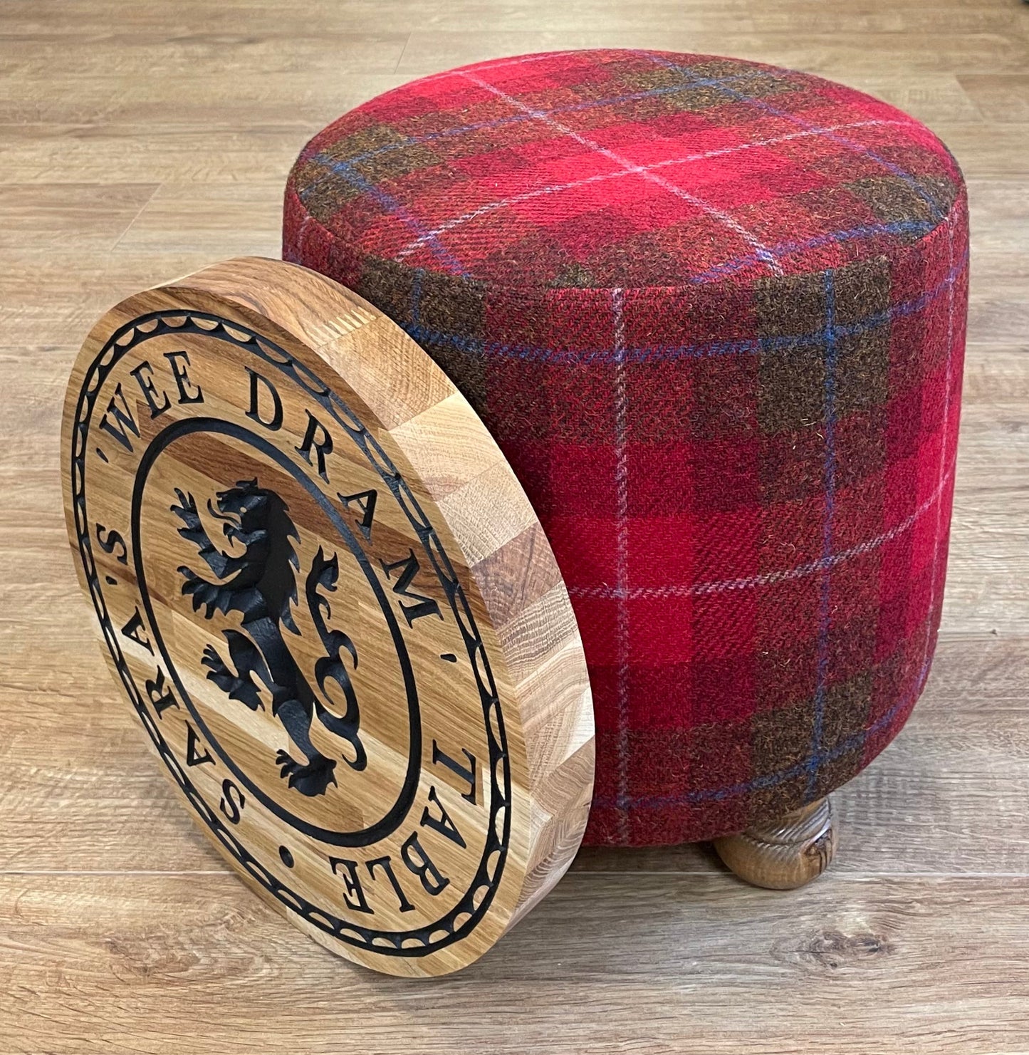 Personalised Red Tartan Harris Tweed ‘Wee Dram’ End Table Footstool