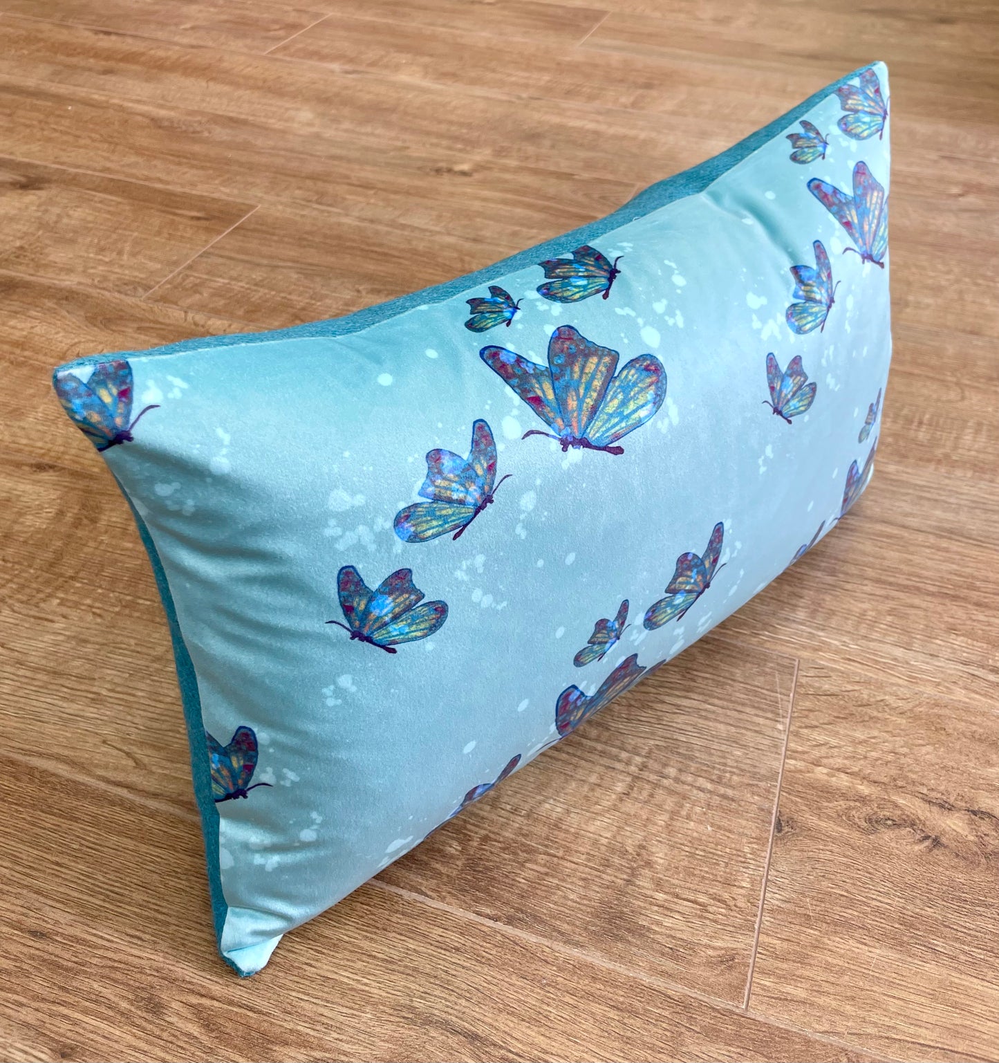 Butterfly in Rain Velvet and Turquoise Harris Tweed Oblong Cushion