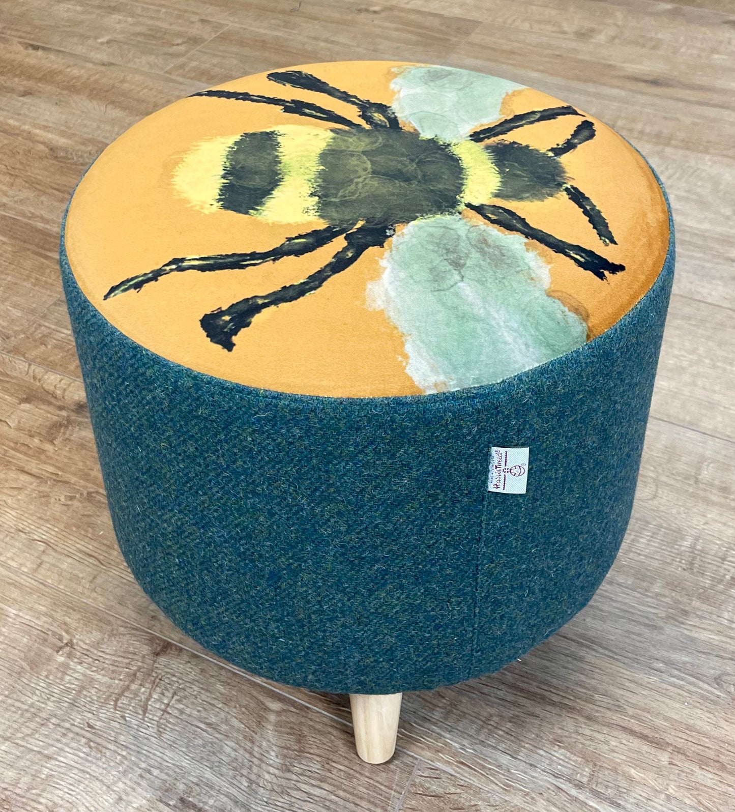 Bumble Bee Footstool with Green Harris Tweed