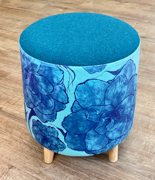 Blue Camellia on Turquoise Velvet Footstool with Harris Tweed