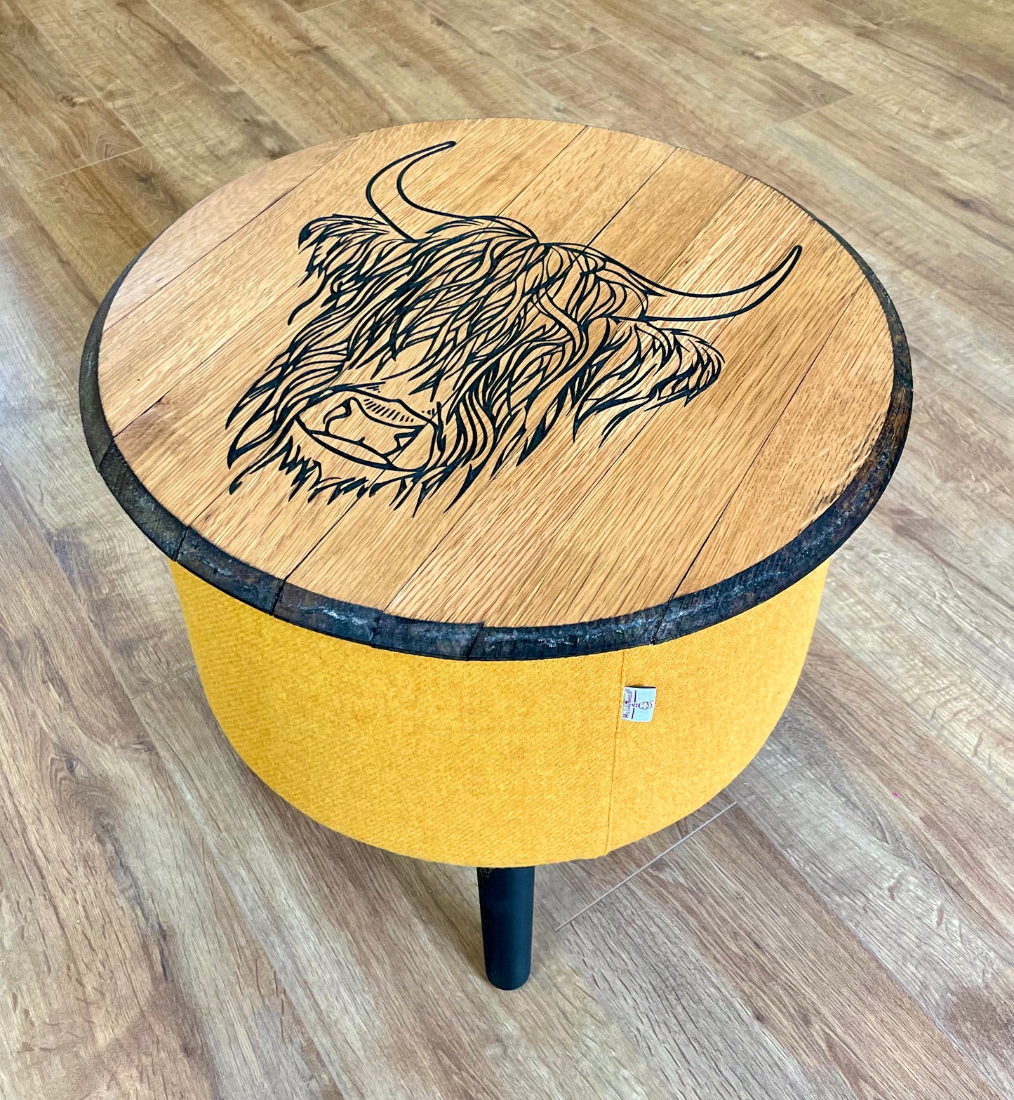 Highland Cow Carved Oak Whisky Barrel Top and Yellow Harris Tweed ‘Wee Dram’ Table