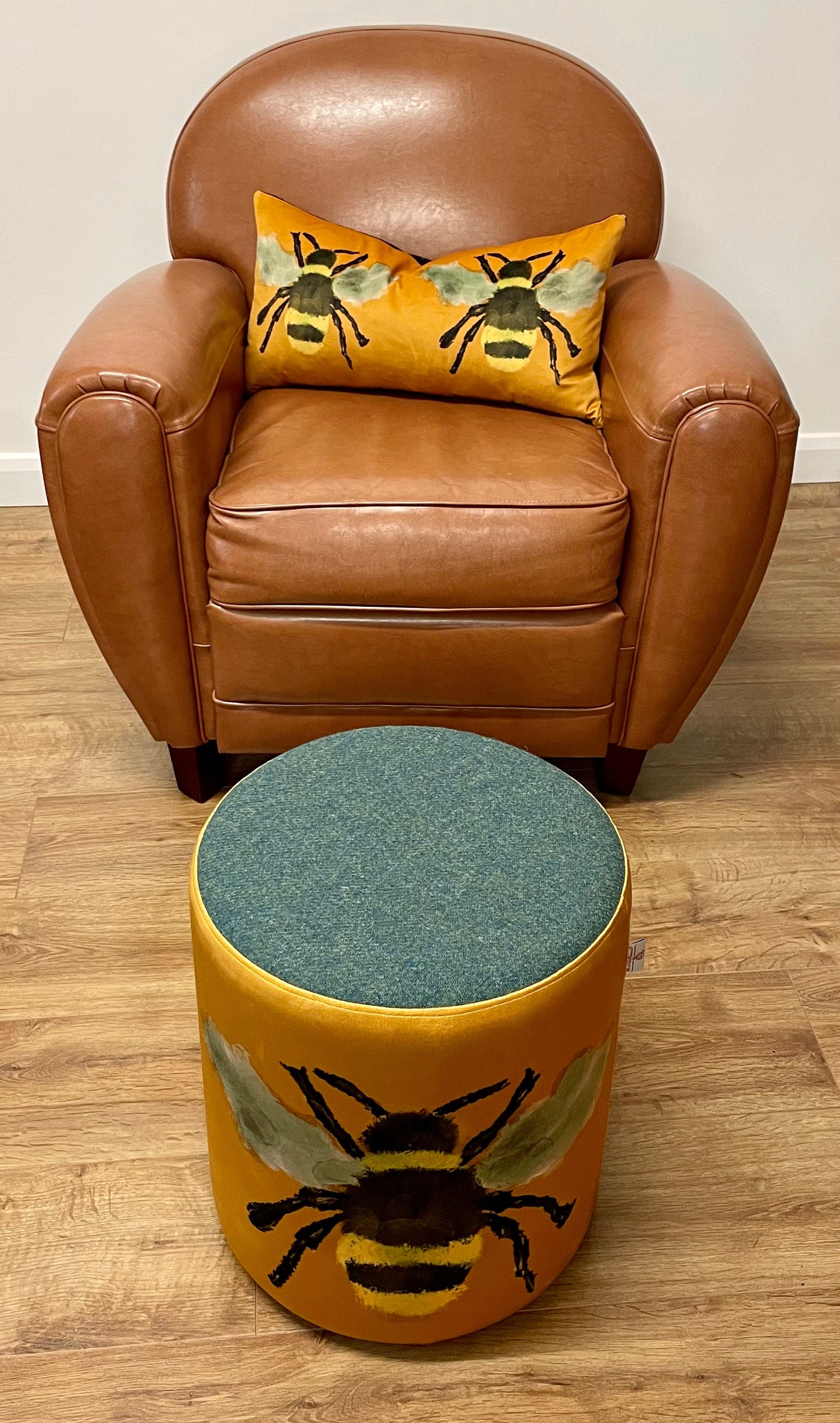 Bumble Bee Velvet and Green Harris Tweed Large Chunky Stool