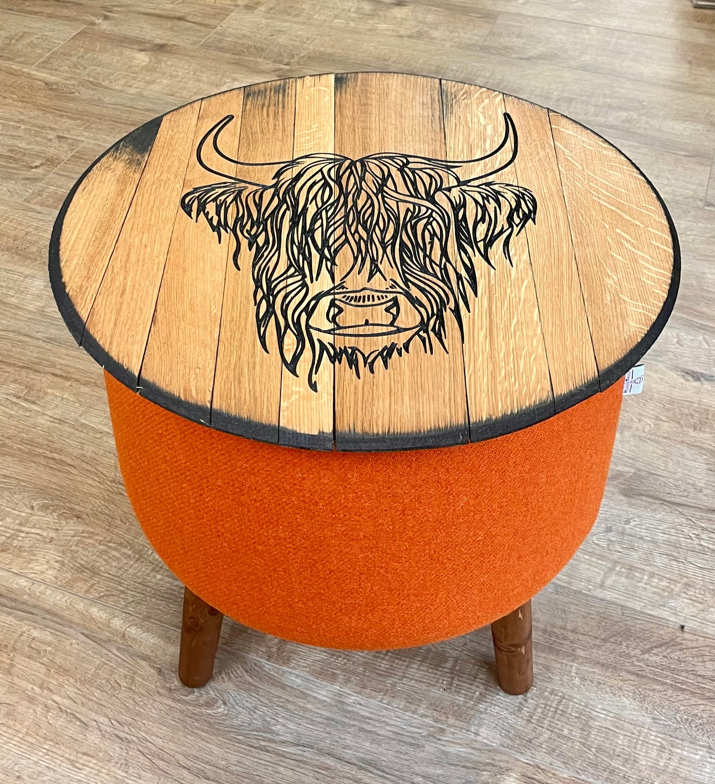 Highland Cow Carved Oak Whisky Barrel Top and Orange Harris Tweed ‘Wee Dram’ Table