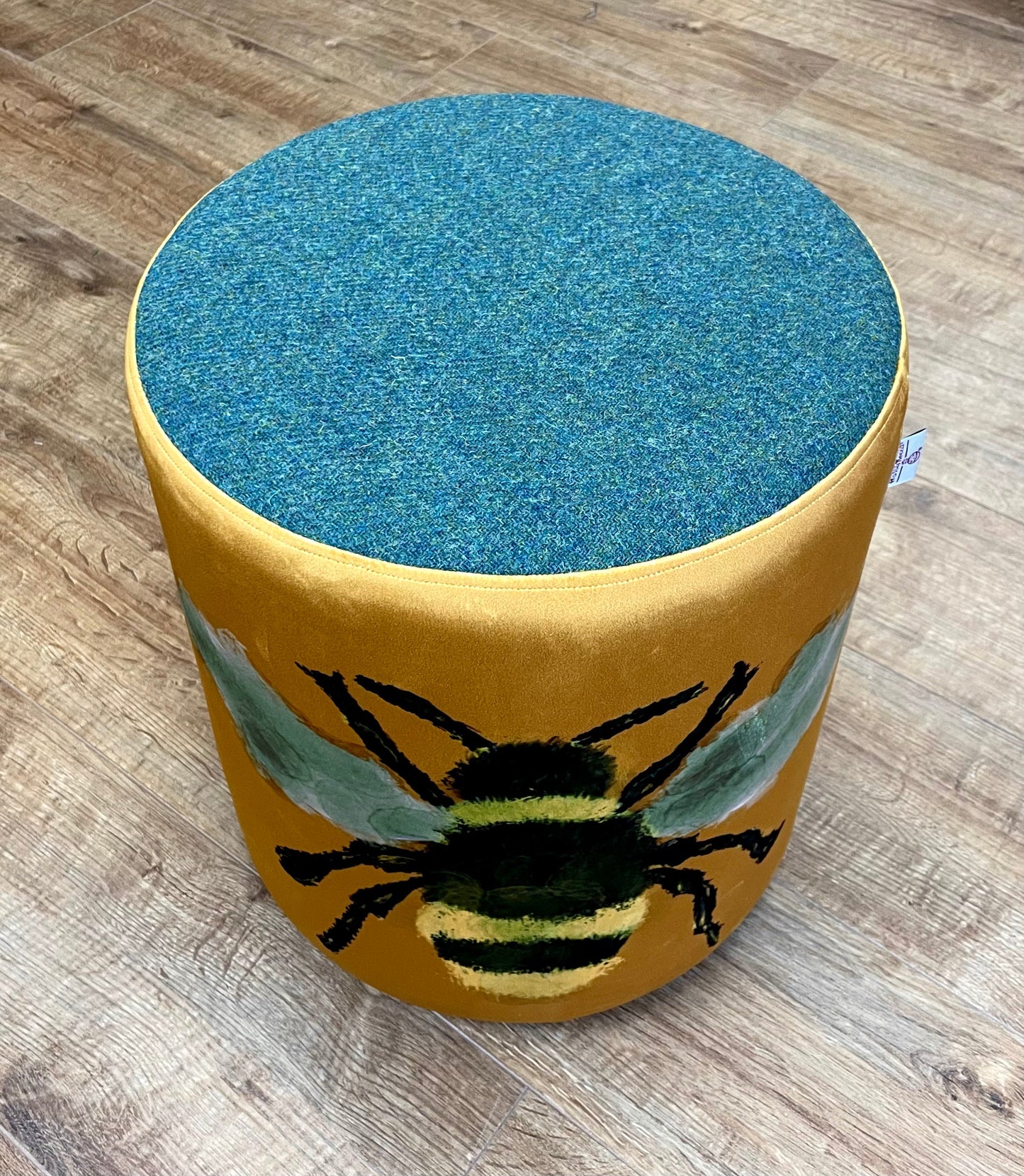 Bumble Bee Velvet and Green Harris Tweed Medium Chunky Stool