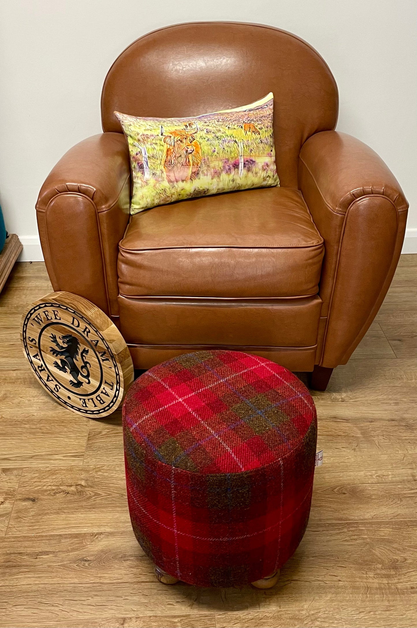 Personalised Red Tartan Harris Tweed ‘Wee Dram’ End Table Footstool