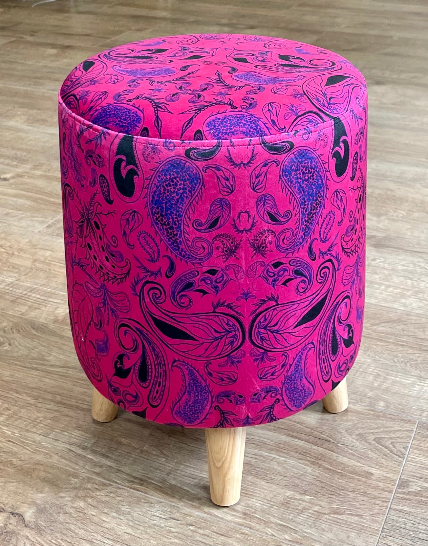 Neon Pink Paisley Print Velvet Small Footstool Mini Cottage