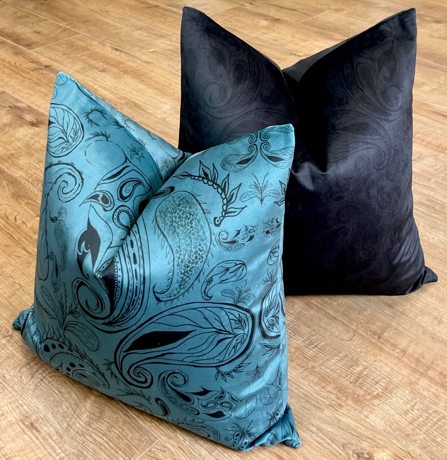 Blue Paisley Print Velvet Cushion 18”