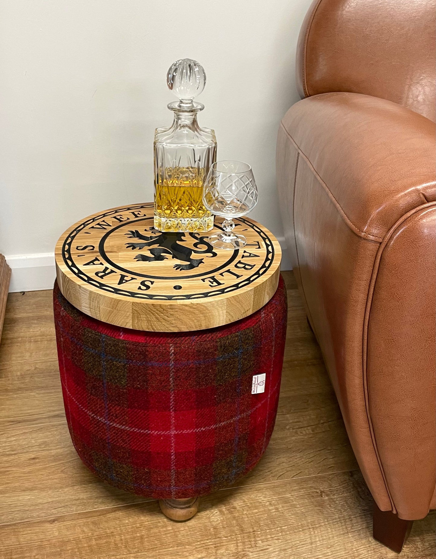 Personalised Red Tartan Harris Tweed ‘Wee Dram’ End Table Footstool