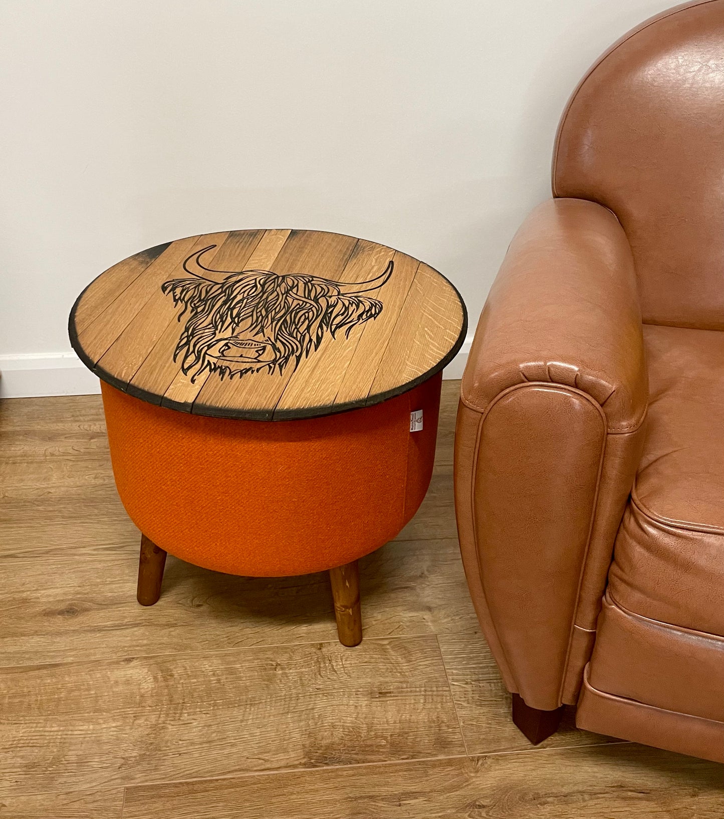 Highland Cow Carved Oak Whisky Barrel Top and Orange Harris Tweed ‘Wee Dram’ Table