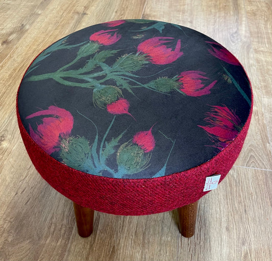 Butterfly Thistles on Black Velvet and Red Harris Tweed Small Footstool