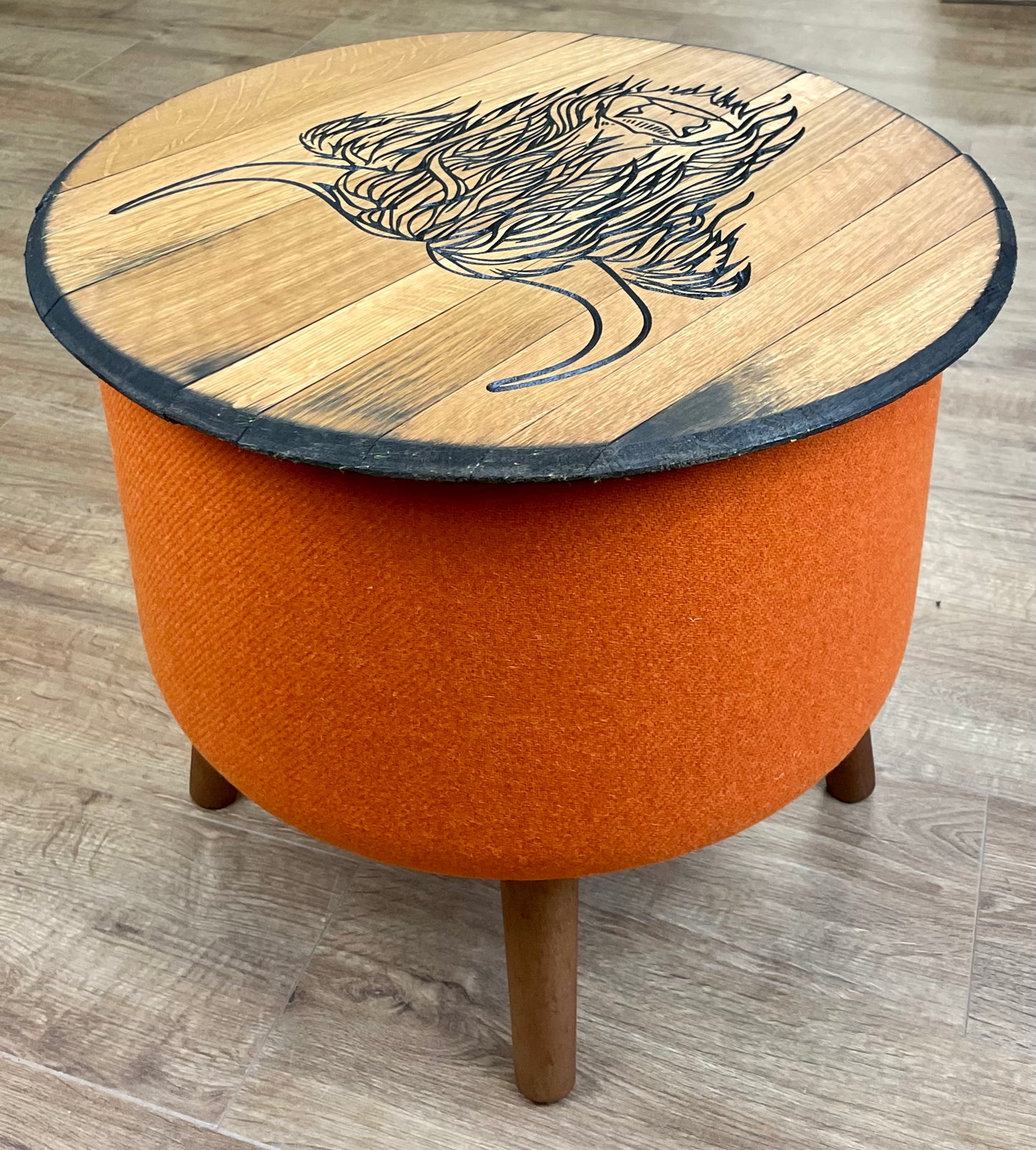 Highland Cow Carved Oak Whisky Barrel Top and Orange Harris Tweed ‘Wee Dram’ Table