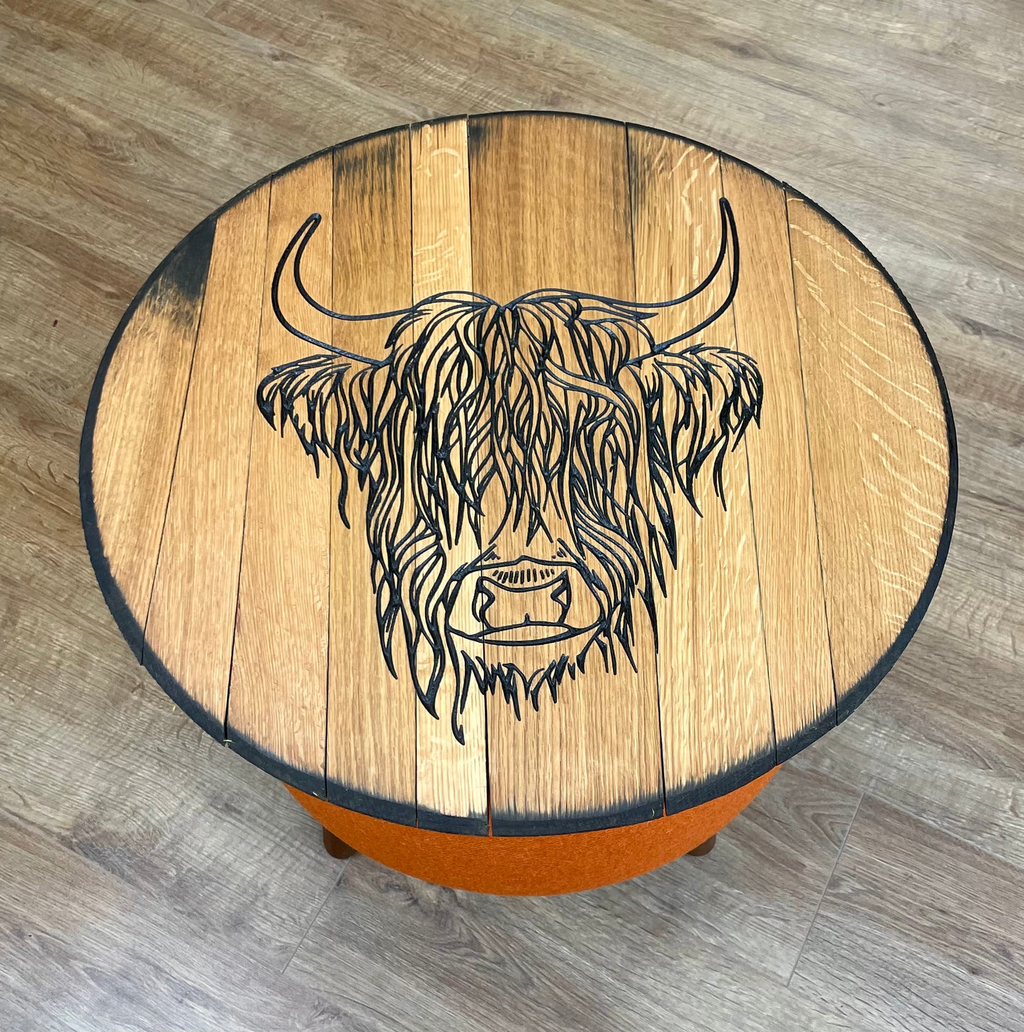 Highland Cow Carved Oak Whisky Barrel Top and Orange Harris Tweed ‘Wee Dram’ Table