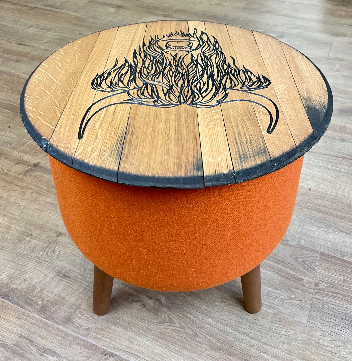 Highland Cow Carved Oak Whisky Barrel Top and Orange Harris Tweed ‘Wee Dram’ Table