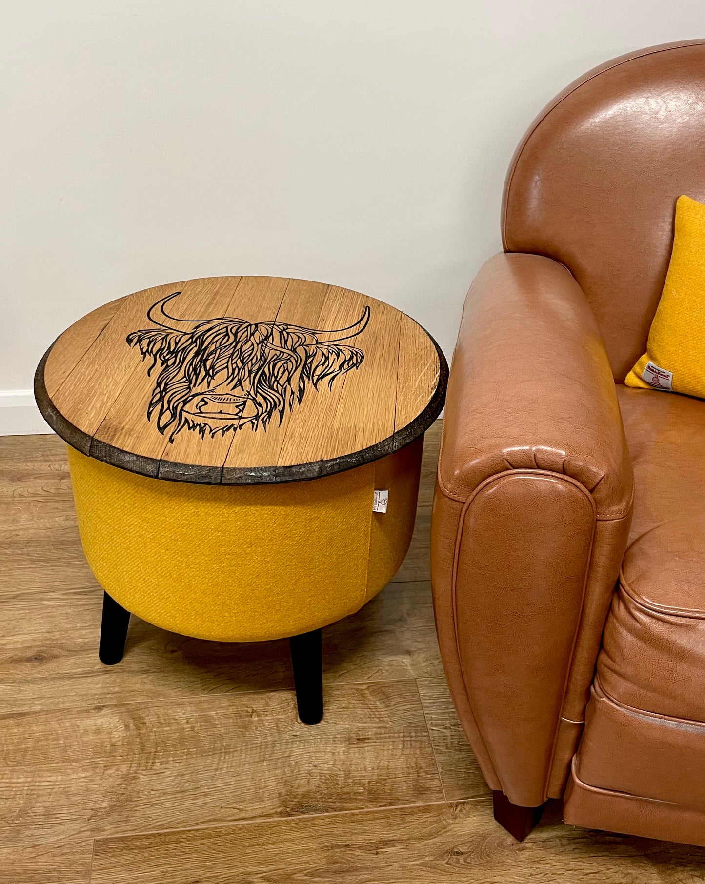 Highland Cow Carved Oak Whisky Barrel Top and Yellow Harris Tweed ‘Wee Dram’ Table