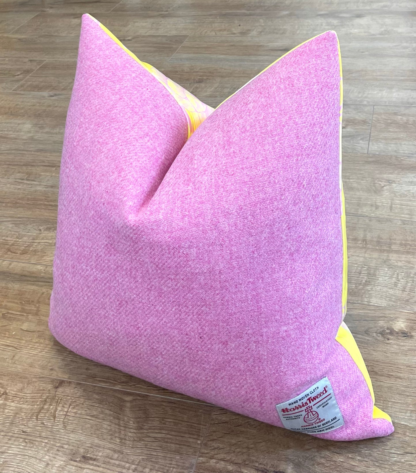 Pink Camellia on Yellow Velvet and Harris Tweed Cushion 20”