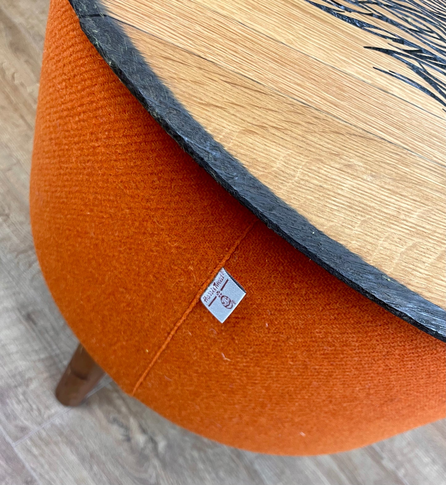 Highland Cow Carved Oak Whisky Barrel Top and Orange Harris Tweed ‘Wee Dram’ Table