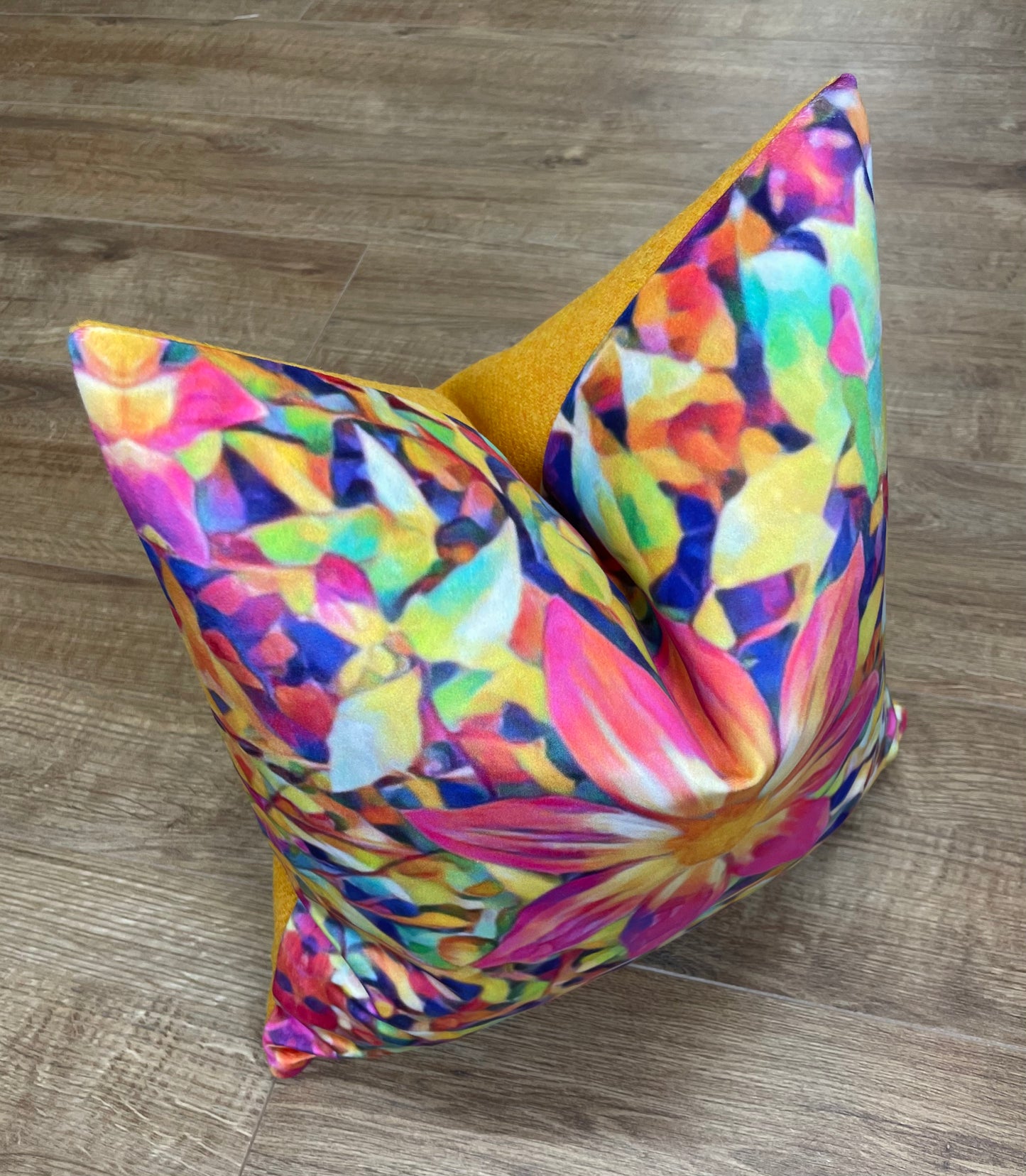 Arran Rainbow Flower Velvet and Harris Tweed Cushion 16”