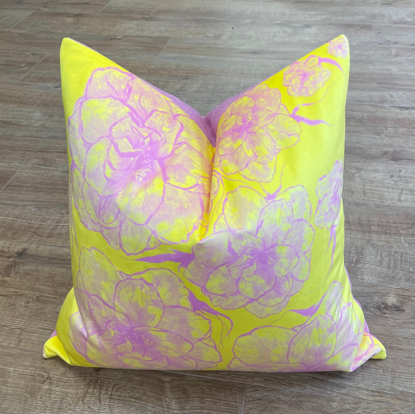 Pink Camellia on Yellow Velvet and Harris Tweed Cushion 20”