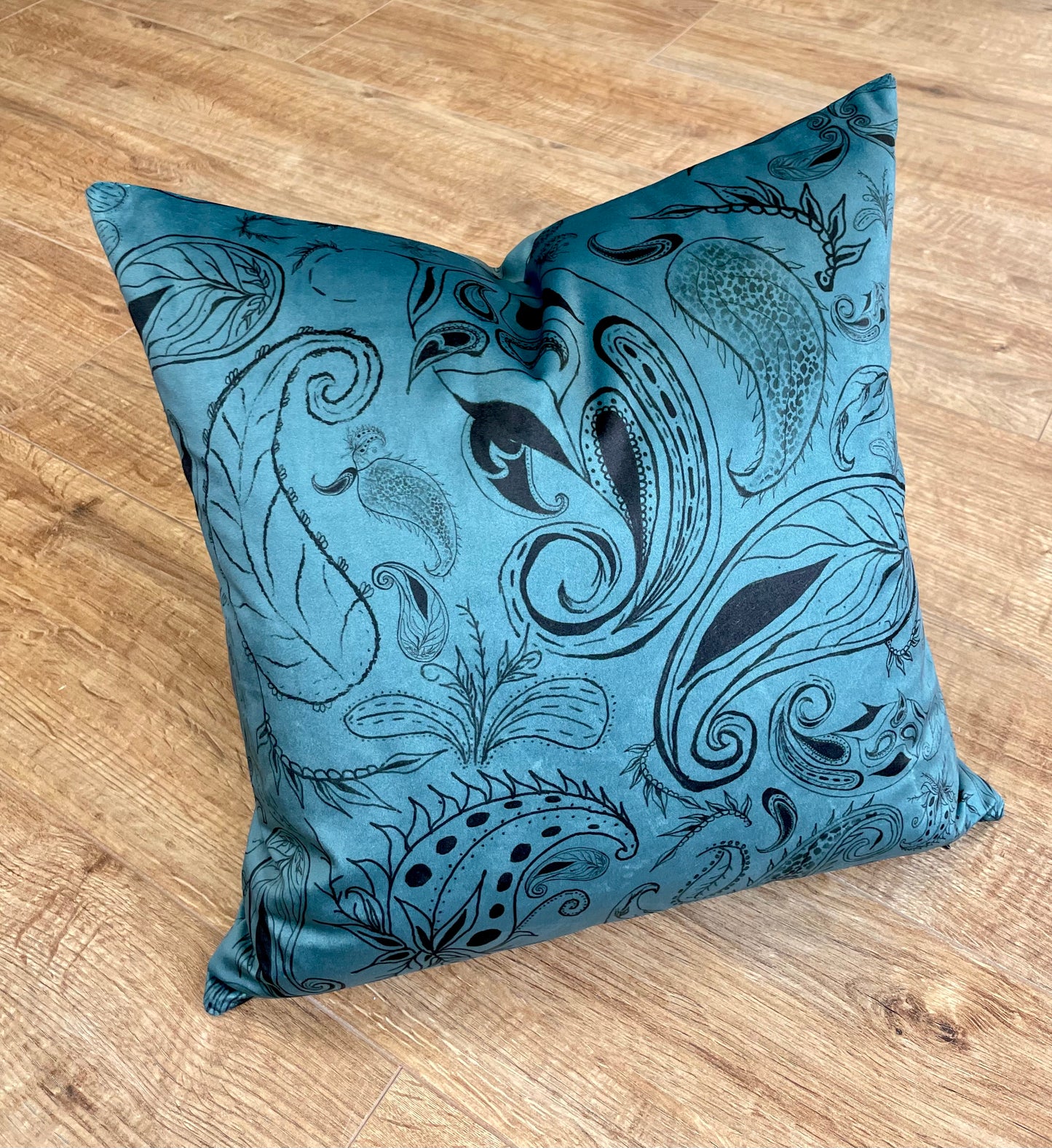 Blue Paisley Print Velvet Cushion 18”