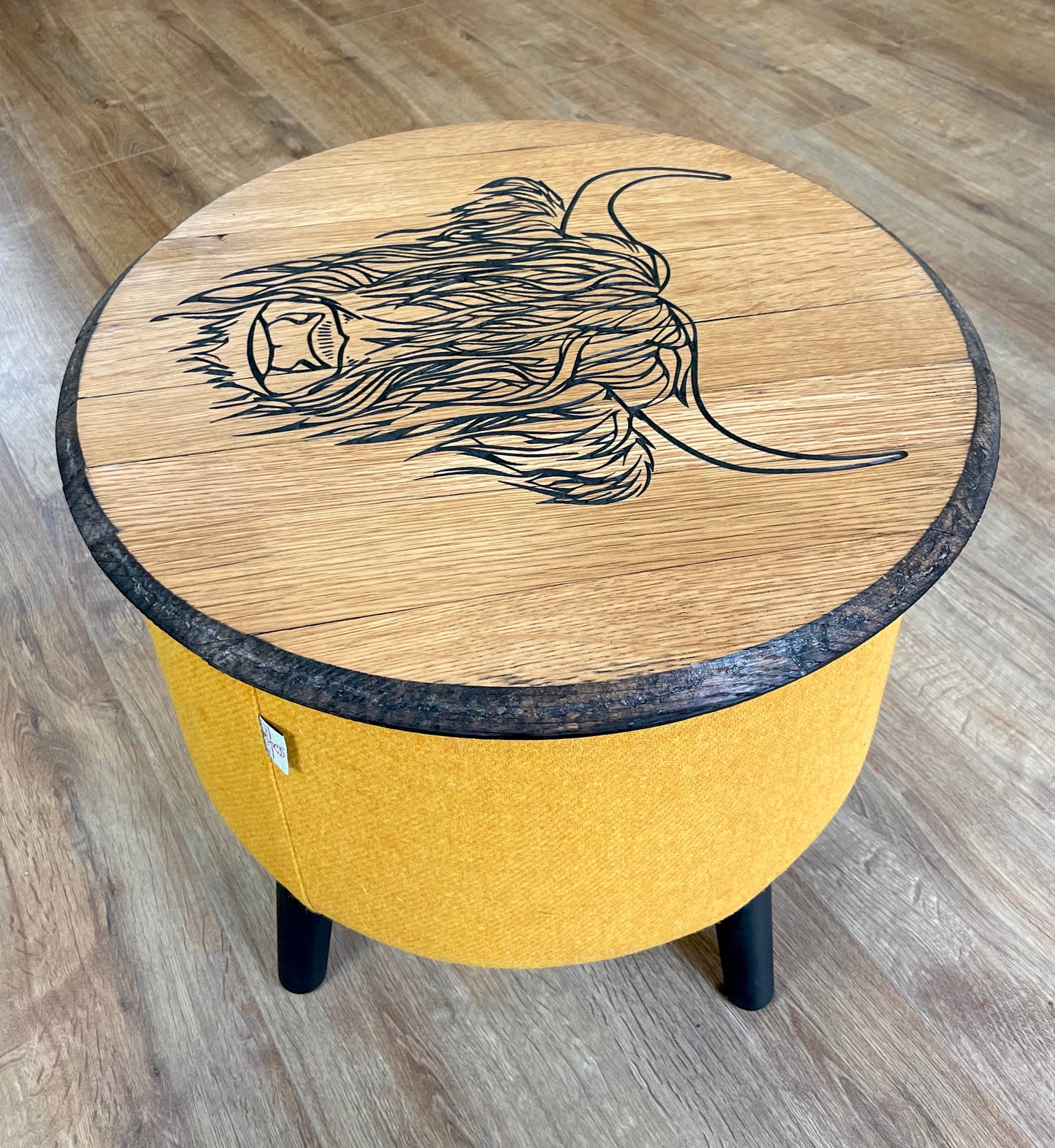 Highland Cow Carved Oak Whisky Barrel Top and Yellow Harris Tweed ‘Wee Dram’ Table