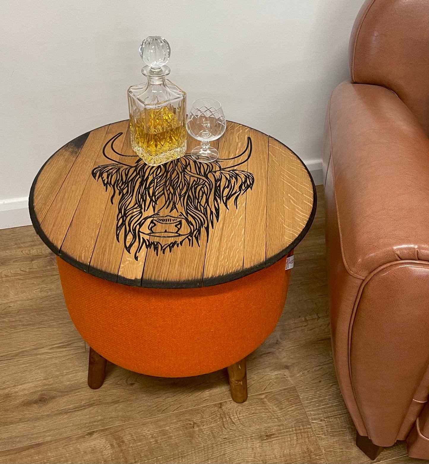 Highland Cow Carved Oak Whisky Barrel Top and Orange Harris Tweed ‘Wee Dram’ Table