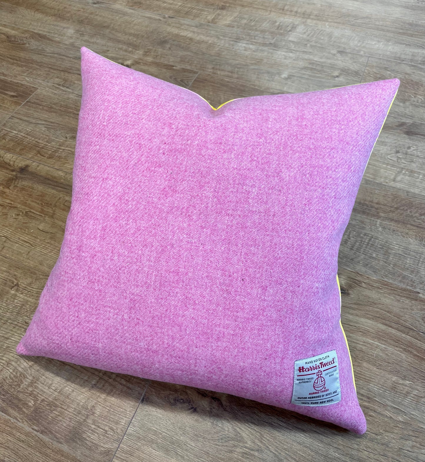 Pink Camellia on Yellow Velvet and Harris Tweed Cushion 20”